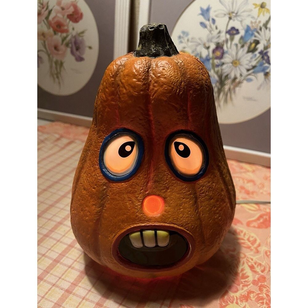 Vtg Gemmy Halloween Foam Light-Up Jack-o-Lantern Pumpkin Scared Cute Face Works!